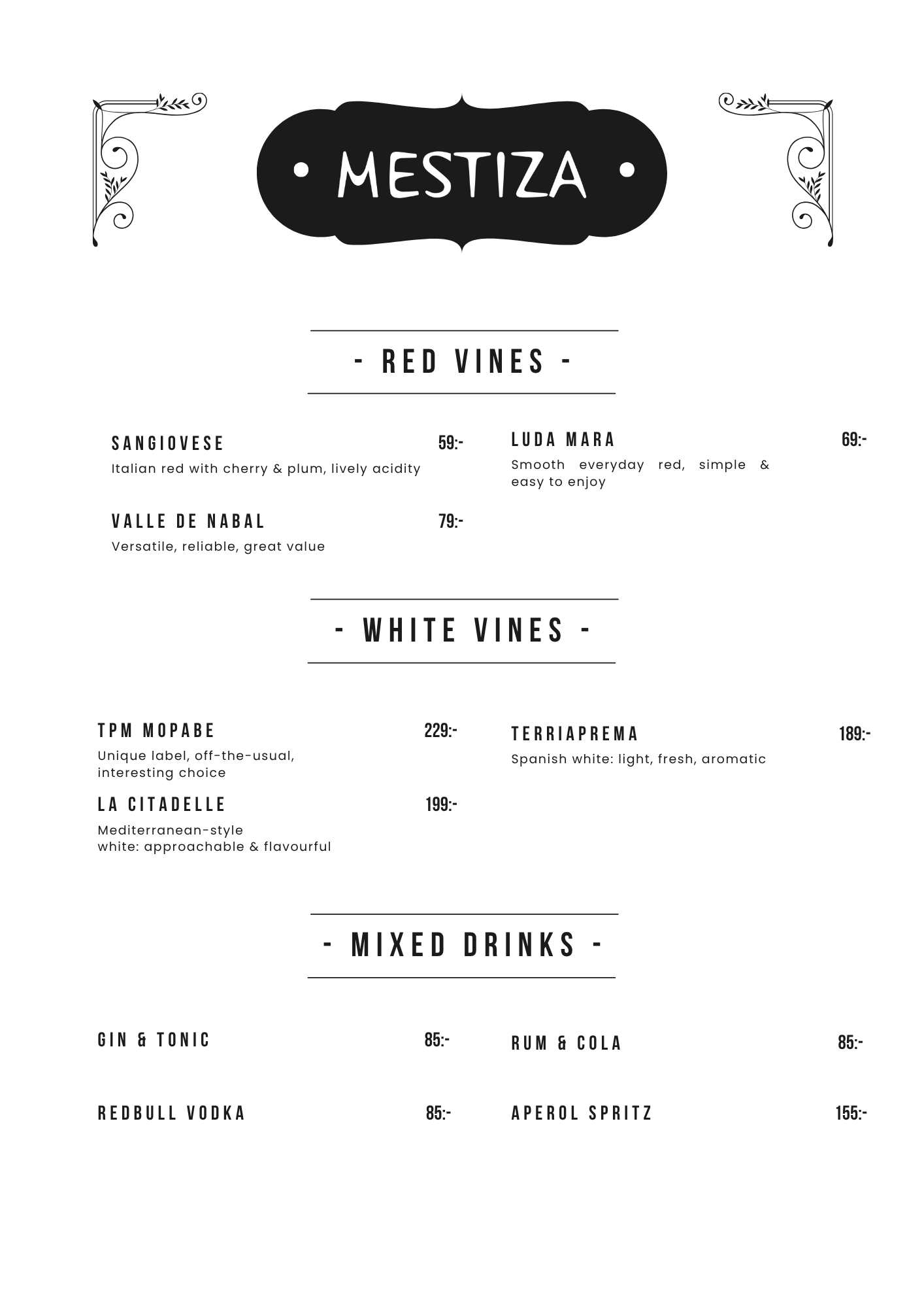 Mestiza drinks menu