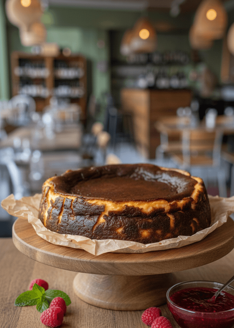 Baskisk Cheesecake Göteborg, krämig tårta med bränd yta och bär